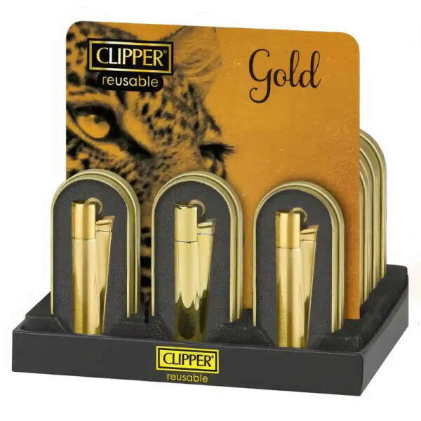 Daugkartinis žiebtuvėlis „Clipper Gold“ Daugkartiniai auksinės spalvos Clipper žiebtuvėliai metalinėse dėžutėse