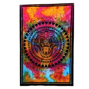 Vertikalus spalvingas medvilninis sienų užtiesalas Hamsa Mandala su Fatimos ranka dvasiniam interjerui Vertikalus spalvingas medvilninis sienų užtiesalas Hamsa Mandala su Fatimos ranka dvasiniam interjerui
