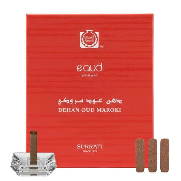 arabiski-smilkalai-surrati-dehan-oud-maroki Stiklinė smilkinė ir Surrati Dehan Oud Maroki smilkalų lazdelės